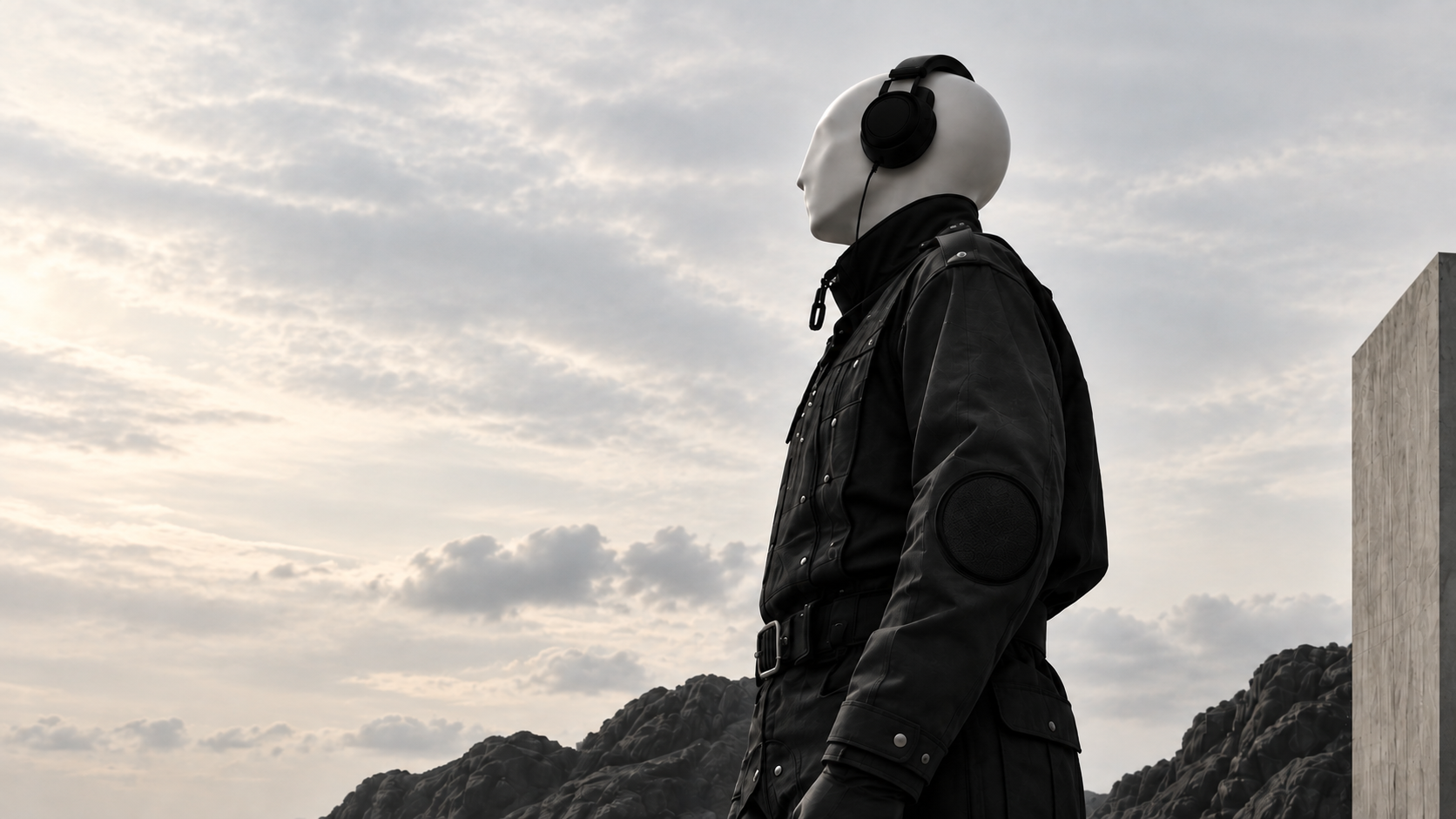 A person standing outdoors in the KUBIA Music Suit under an open sky.