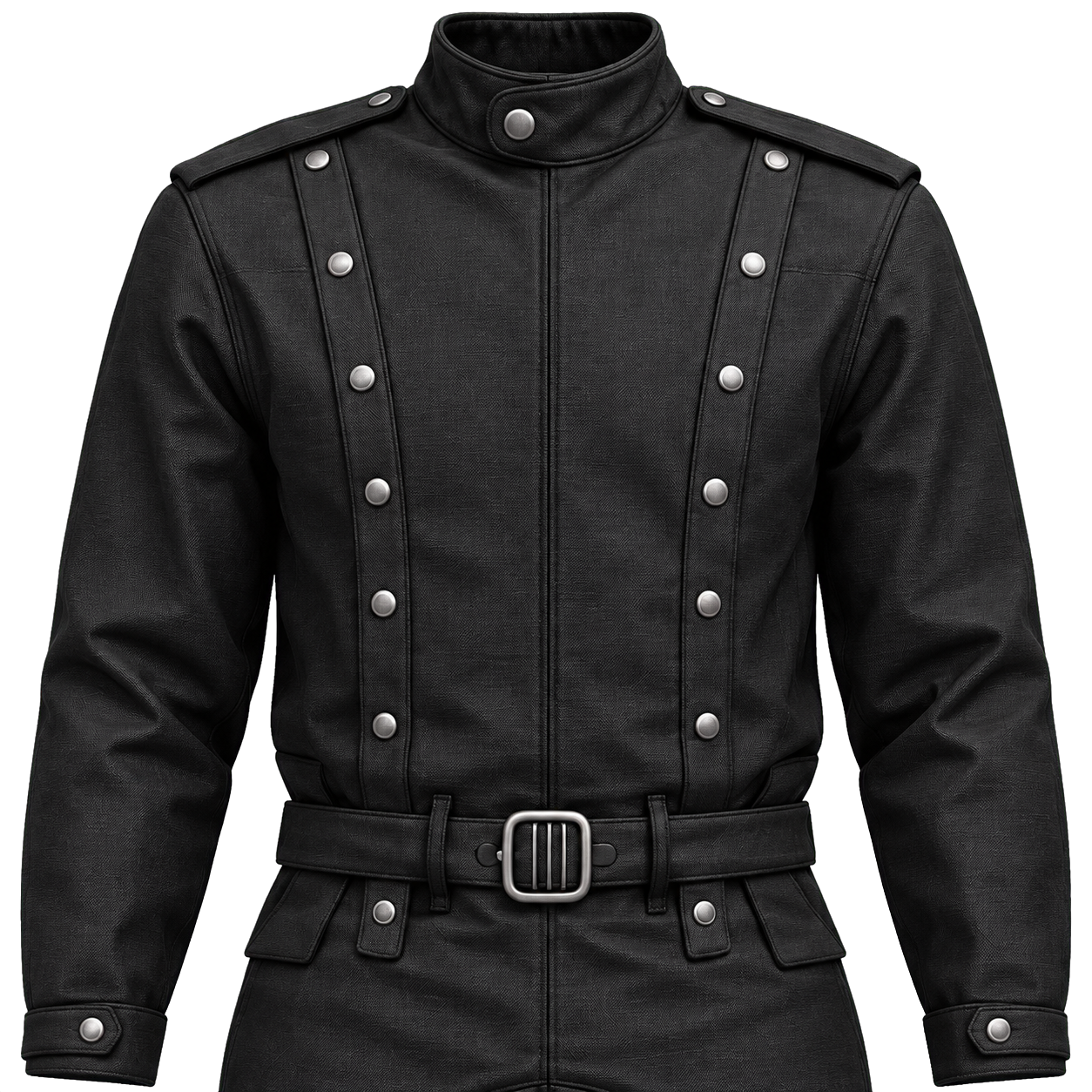 Close-up of the Music Suit's stand collar, twin snap plackets, black textile and metal belt buckle.