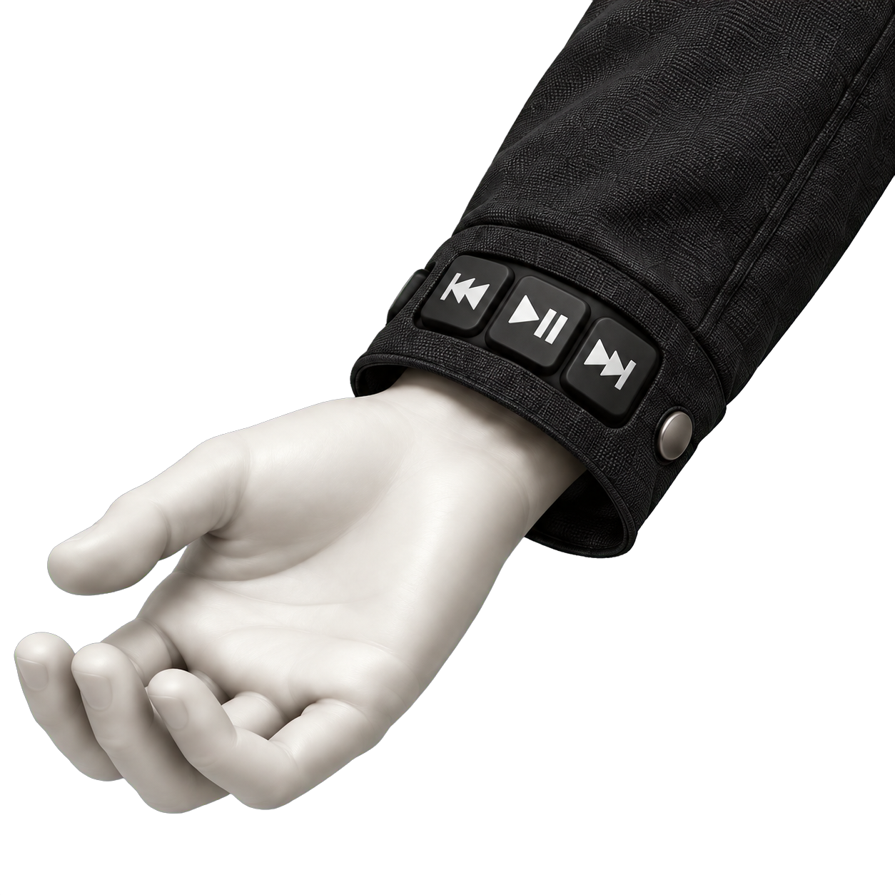 Three raised cuff buttons for previous track, play or pause, and next track.