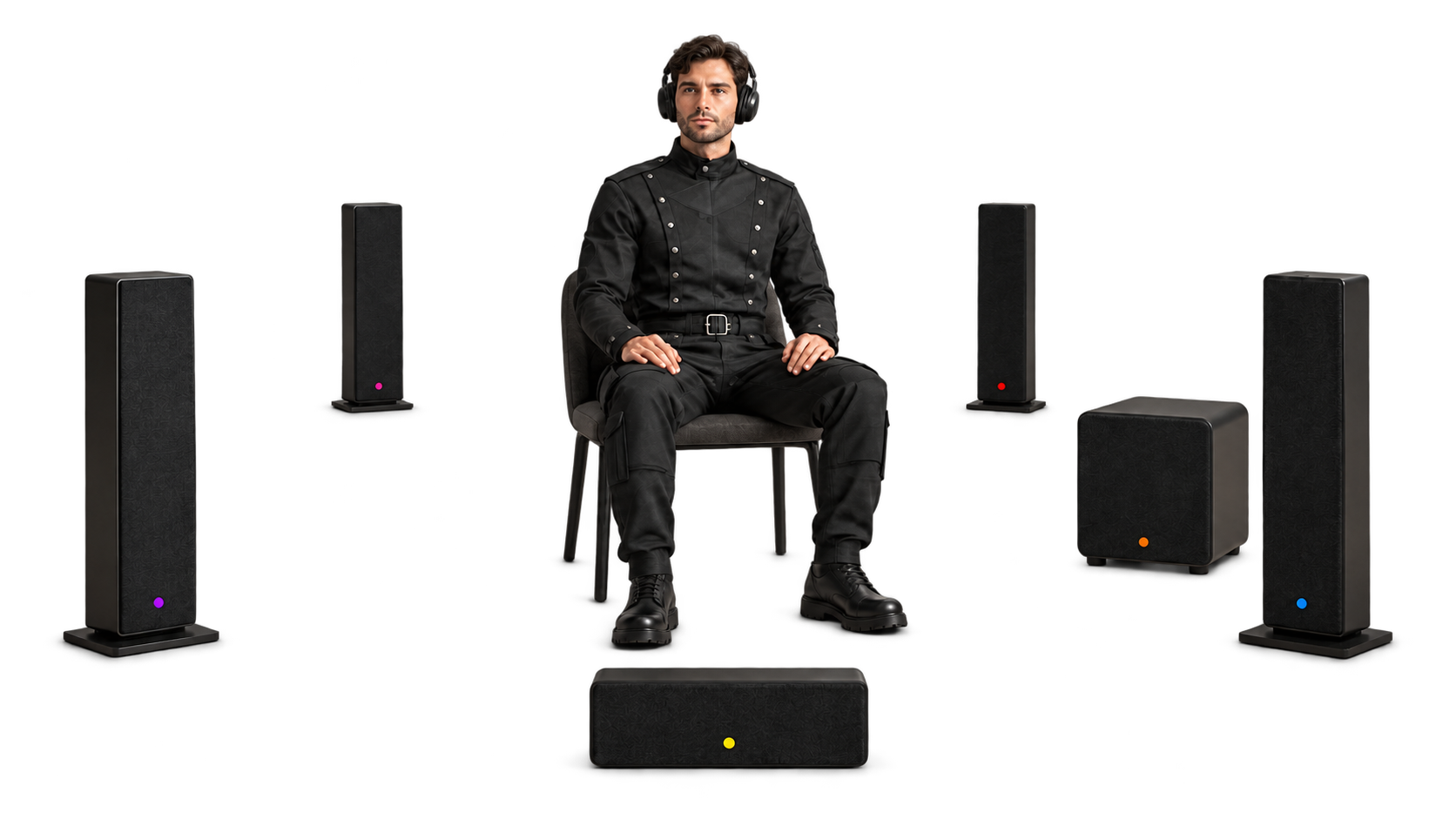 Inspiration: a person seated at the centre of five speakers and a subwoofer.