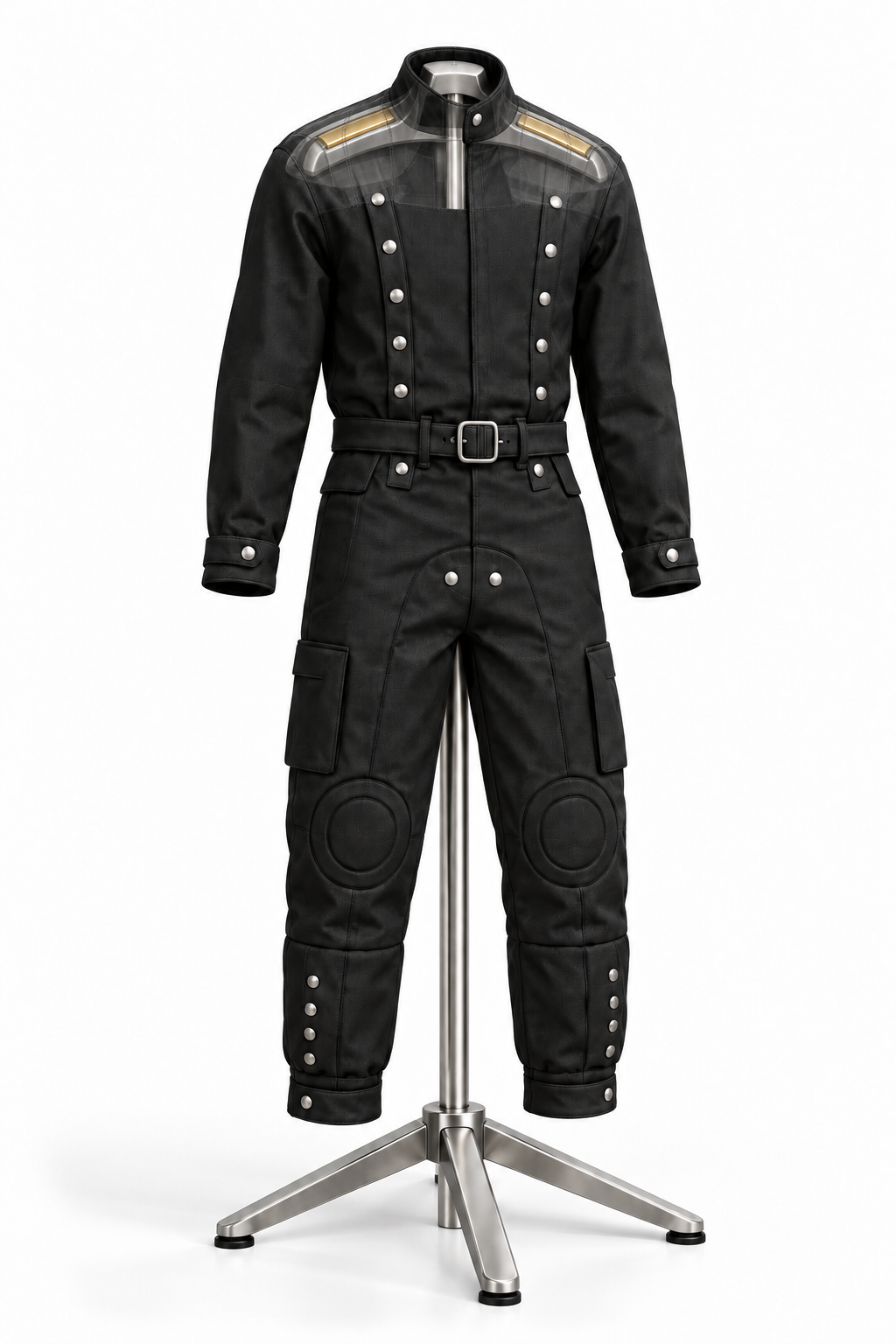 The Music Suit hanging over the stand's internal curved shoulder support, with the upper fabric shown transparent to reveal the hanger and two gold charging modules. The sleeves and legs hang freely above a four-leg base.