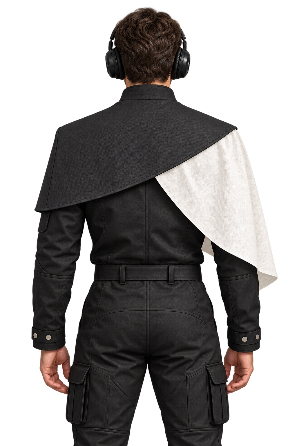 Back view: the charcoal wrap across the shoulders with the ivory panel falling over the wearer's right side.
