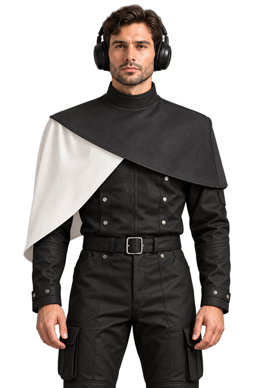 Front view: the Music Suit with the charcoal-and-ivory wrap attached at the shoulders, charcoal across the chest and ivory draping over the wearer's right arm.